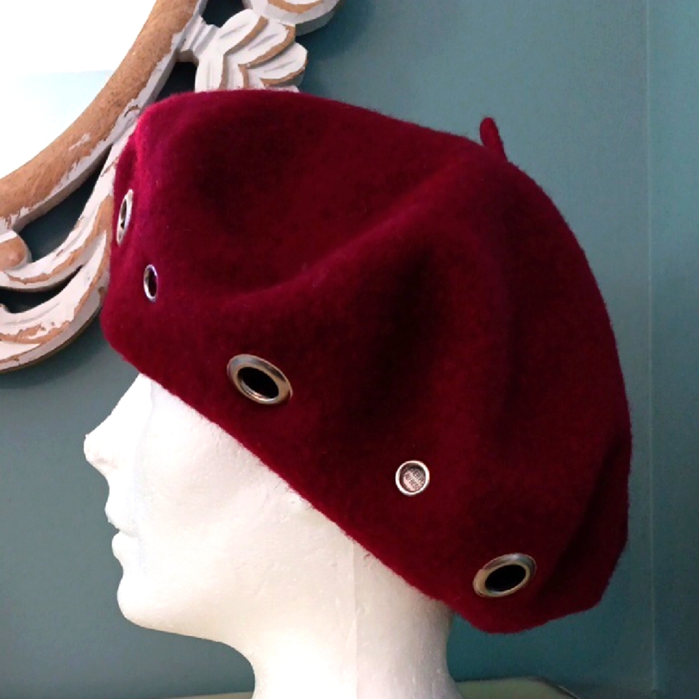 & Etereo Wine Wool Beret with Silver Grommet Accents